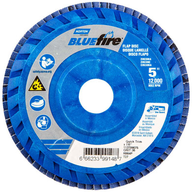 Norton 66623399148 5x7/8” BlueFire R884P Zirconia Alumina Plus Type 27 Quick Trim Flap Discs, 36 Grit, Coarse, 10 pack