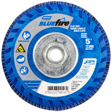 Norton 66623399147 5x5/8-11” BlueFire R884P Zirconia Alumina Plus Type 27 Quick Trim Flap Discs, 80 Grit, Coarse, 10 pack