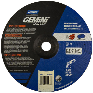 Norton 66253049077 9x1/4x7/8 In. Gemini FastCut AO Grinding Wheels, Type 27, 24 Grit, 20 pack