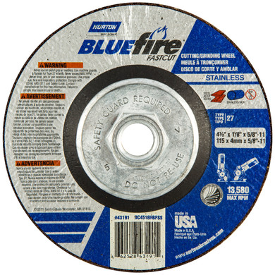 Norton 66252843191 4-1/2x1/8x5/8 - 11 In. BlueFire FastCut INOX/SS ZA/AO Grinding and Cutting Wheels, Type 27, 30 Grit, 10 pack