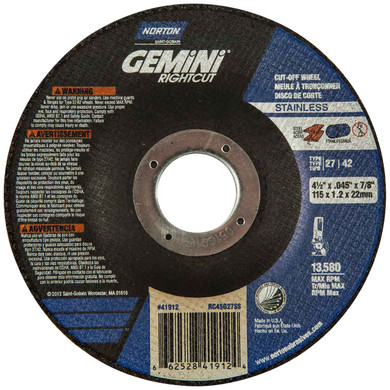 Norton 66252841912 4-1/2x.045x7/8 In. Gemini RightCut INOX/SS AO Right Angle Cut-Off Wheels, Type 27/42, 24 Grit, 25 pack