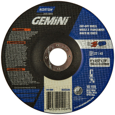 Norton 66252841906 6x3/32x7/8 In. Gemini AO Right Angle Cut-Off Wheels, Type 27/42, 30 Grit, 25 pack