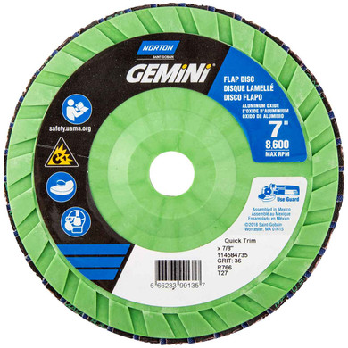 Norton 66623399135 7x7/8” Gemini R766 Aluminum Oxide Zirconia Alumina Type 27 Quick Trim Flap Discs, 36 Grit, 10 pack