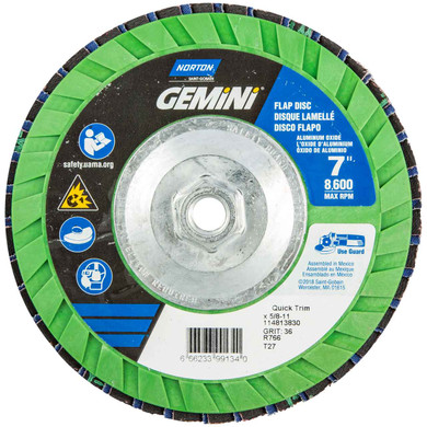 Norton 66623399134 7x5/8-11” Gemini R766 Aluminum Oxide Zirconia Alumina Type 27 Quick Trim Flap Discs, 36 Grit, 10 pack