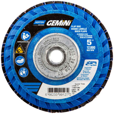Norton 66623399127 5x5/8-11” Gemini R766 Aluminum Oxide Zirconia Alumina Type 27 Quick Trim Flap Discs, 36 Grit, 10 pack