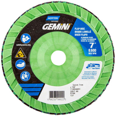 Norton 66623399022 7x7/8” Gemini R766 Aluminum Oxide Zirconia Alumina Type 27 Quick Trim Flap Discs, 80 Grit, 10 pack