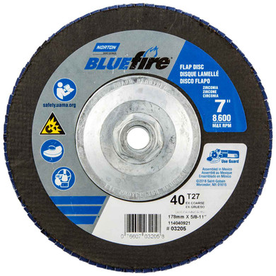 Norton 7660703205 7x5/8-11” BlueFire R884P Zirconia Alumina Plus Type 29 Flap Discs, 40 Grit, Retail Packaging, 5 pack