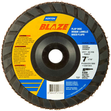 Norton 63642501866 7x7/8” Blaze R980P Ceramic Alumina Type 27 Quick Trim Flap Discs, 36 Grit, Coarse, 10 pack