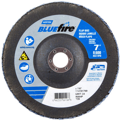 Norton 66623399196 7x7/8” BlueFire R884P Zirconia Alumina Plus Type 29 Flap Discs, 24 Grit, Coarse, 10 pack