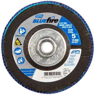 Norton 66623399192 5x5/8-11” BlueFire R884P Zirconia Alumina Plus Type 29 Flap Discs, 80 Grit, Coarse, 10 pack