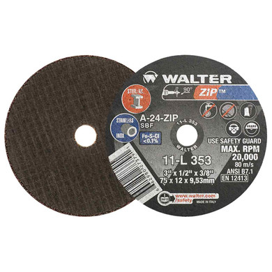 Walter 11L353 3x1/2x3/8 ZIP Steel and Stainless Contaminant Free Cut-Off Wheels Type 1 Grit A24, 25 pack