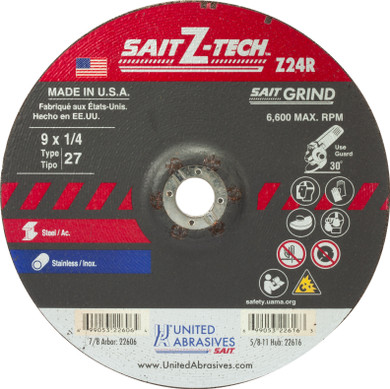 United Abrasives SAIT 22206 9x1/4x7/8 Z-TECH Z24R High Performance No Hub Type 27 Zirconium Grinding Wheels, 25 pack