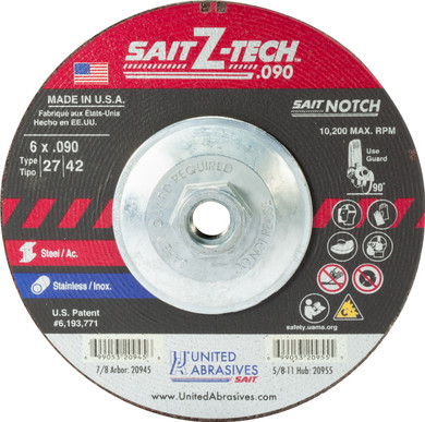 United Abrasives SAIT 20955 6x.090x5/8-11 Z-Tech High Performance Cutting Notching Wheels, 10 pack