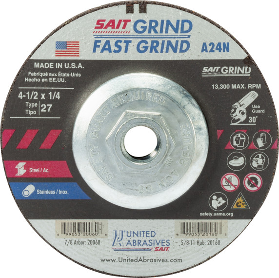 United Abrasives SAIT 20160 4-1/2x1/4x5/8-11 A24N Fast Grinding Metal/Stainless Super Lock Hub Grinding Wheels, 10 pack