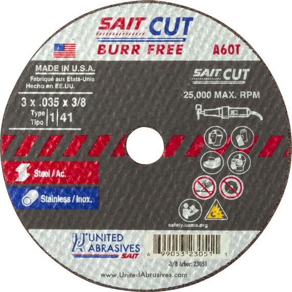 United Abrasives SAIT 23051 3x.035x3/8 A60T Burr Free Thin High Speed Cut-off Wheels, 100 pack