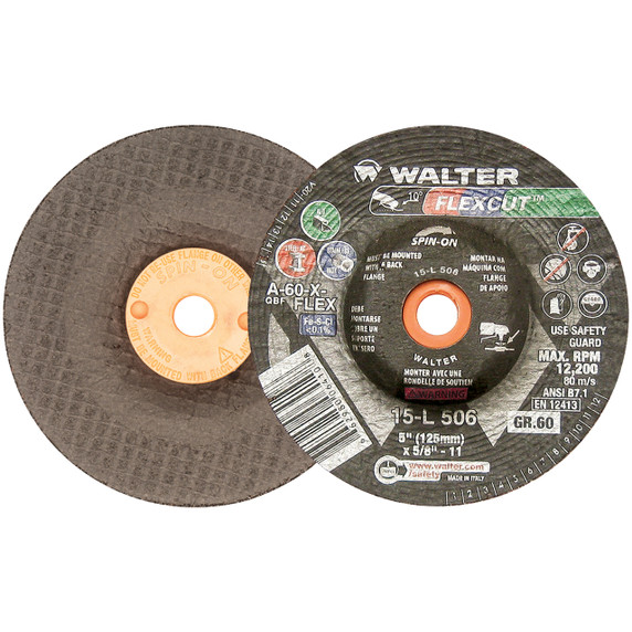 Walter 15L506 5x5/8-11 Flexcut Spin-On Grinding Wheels Contaminant Free Type 29S Grit 60, 25 pack