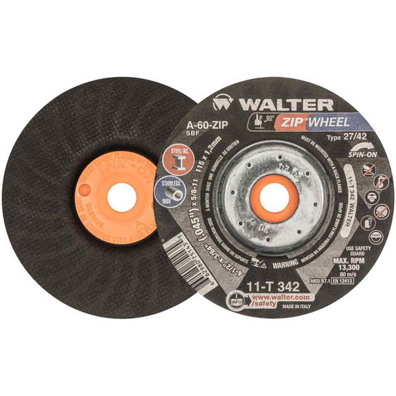 Walter 11T342 4-1/2x3/64x5/8-11 Spin-On ZIP WHEEL High Performance Cut-Off Wheels Type 27S A60 Grit, 25 pack
