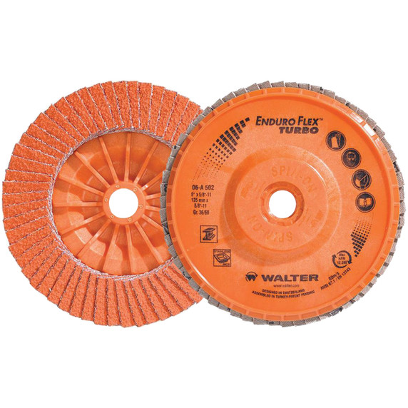 Walter 06A502 5x5/8-11 Enduro-Flex Turbo Spin-On Discs Fast Grinding Blending Flap Disc Grit 36/60 Type 27S, 10 pack