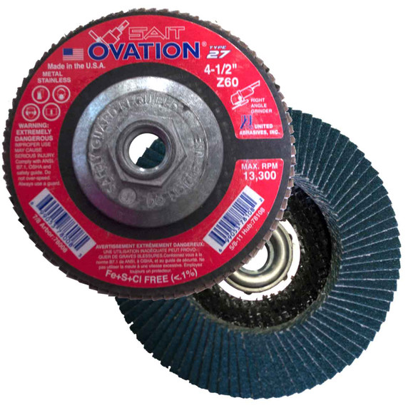 United Abrasives SAIT 78108 4-1/2x5/8-11 Ovation Type 27 With Hub High Density Zirconium Flap Disc 60 Grit, 10 pack