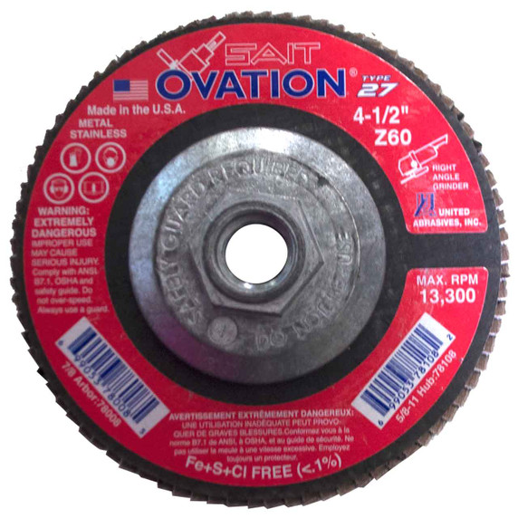 United Abrasives SAIT 78108 4-1/2x5/8-11 Ovation Type 27 With Hub High Density Zirconium Flap Disc 60 Grit, 10 pack