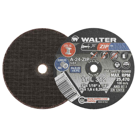 Walter 11L312 3x1/16x1/4 ZIP Steel and Stainless Contaminant Free Cut-Off Wheels Type 1 Grit A24, 25 pack