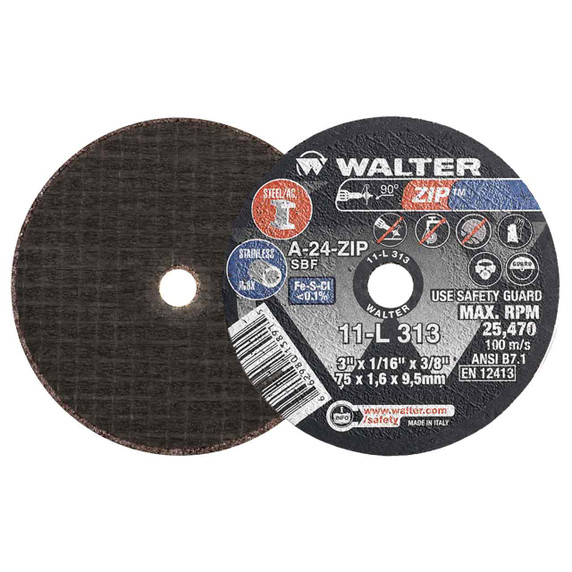 Walter 11L313 3x1/16x3/8 ZIP Steel and Stainless Contaminant Free Cut-Off Wheels Type 1 Grit A24, 25 pack