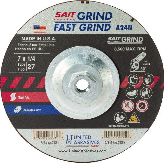 United Abrasives SAIT 20085 7x1/4x5/8-11 A24N Fast Grinding Metal/Stainless Super Lock Hub Grinding Wheel, 10 pack