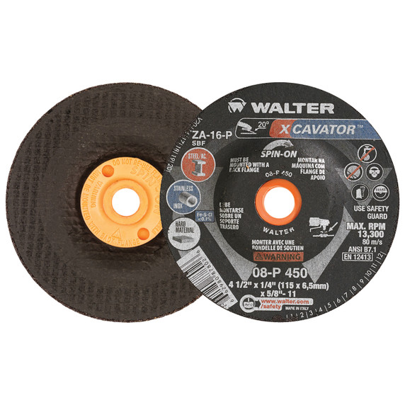Walter 08P450 4-1/2x1/4x5/8-11 Xcavator Spin-On Premium High Removal Grinding Wheels Contaminant Free Type 27S, 20 pack