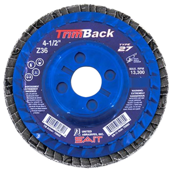 United Abrasives SAIT 70850 4-1/2x7/8 Trimback Type 27 No Hub Zirconium Flap Disc 36 Grit, 10 pack