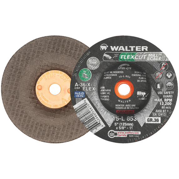 Walter 15L853 5x5/8-11 Flexcut Mill Scale Spin-On Grinding Wheels Contaminant Free Type 29S Grit 36, 25 pack