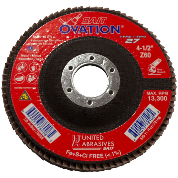 United Abrasives SAIT 78008 4-1/2x7/8 Ovation Type 27 No Hub High Density Zirconium Flap Discs 60 Grit, 10 pack