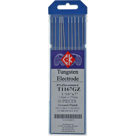 CK T1167GZ 0.8% Zirconiated Tungsten Electrode 1/16" X 7", 10 pack