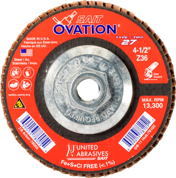 United Abrasives SAIT 78105 4-1/2x5/8-11 Ovation Type 27 With Hub High Density Zirconium Flap Discs 36 Grit, 10 pack