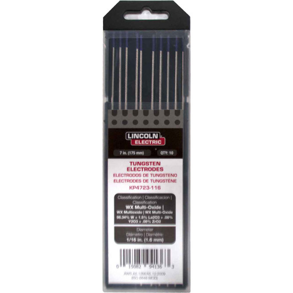 Lincoln Electric WX Multi-Oxide Tungsten Electrode, 1/16” x 7”, KP4723-116