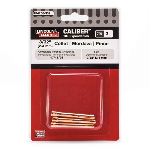 Lincoln Electric Calibur Collet for 17/18/26 Torches, 3/32", KP4750-332, 3 pack