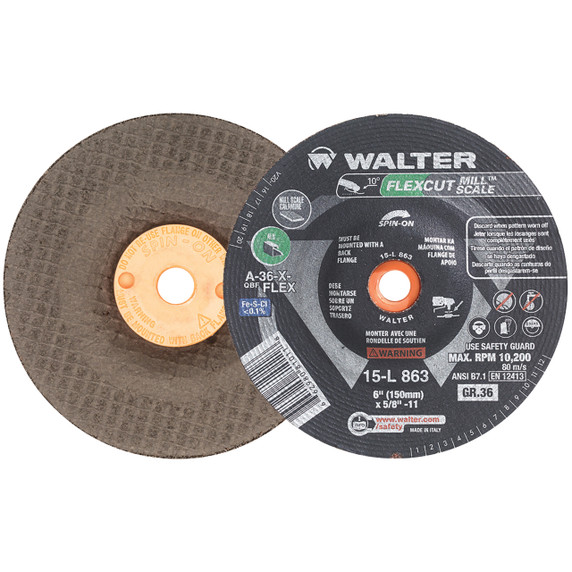 Walter 15L863 6x5/8-11 Flexcut Mill Scale Spin-On Grinding Wheels Contaminant Free Type 29S Grit 36, 25 pack