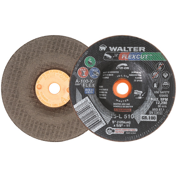 Walter 15L510 5x5/8-11 Flexcut Spin-On Grinding Wheels Contaminant Free Type 29S Grit 100, 25 pack