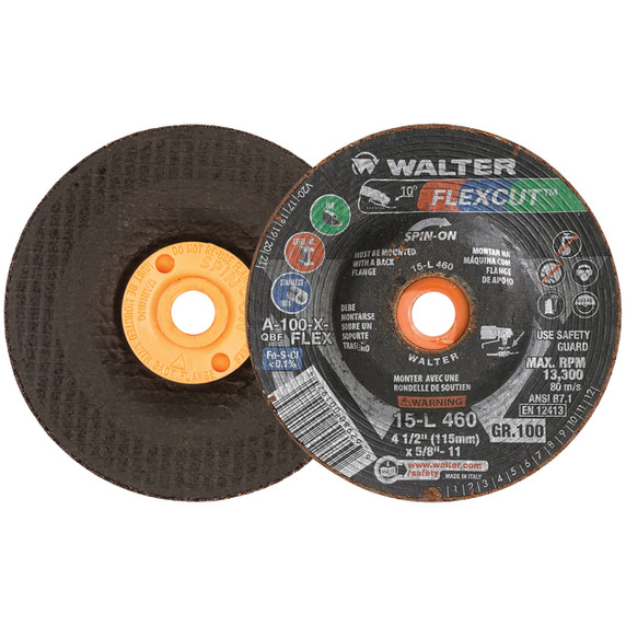 Walter 15L460 4-1/2x5/8-11 Flexcut Spin-On Grinding Wheels Contaminant Free Type 29S Grit 100, 25 pack