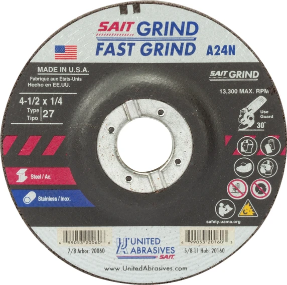 United Abrasives SAIT 20060 4-1/2x1/4x7/8 A24N Fast Grinding Metal/Stainless No Hub Type 27 Grinding Wheels, 25 pack