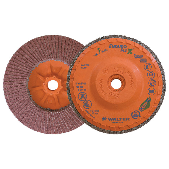Walter 06F506 5x5/8-11 Enduro-Flex Stainless Spin-On Flap Discs with Eco-Trim Backing 60 Grit Type 27S, 10 pack