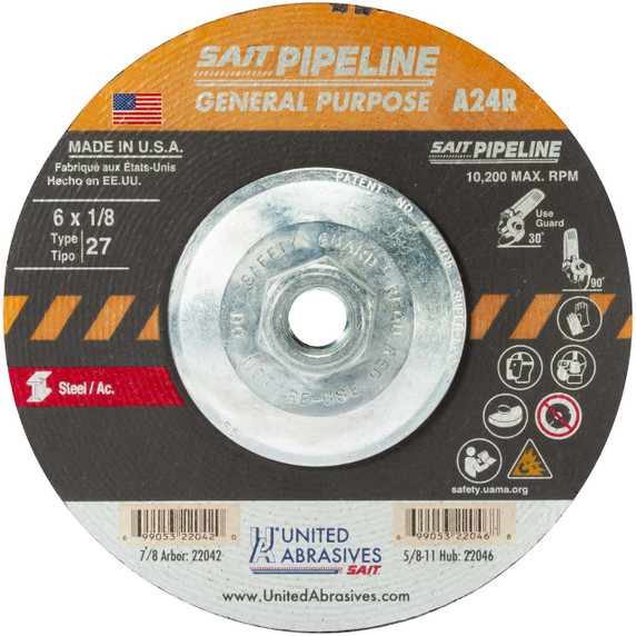 SAIT 22046 A24R Pipeline Type 27 Grinding Wheels 6" Diameter with 5/8"-11 Arbor, Pack of 10