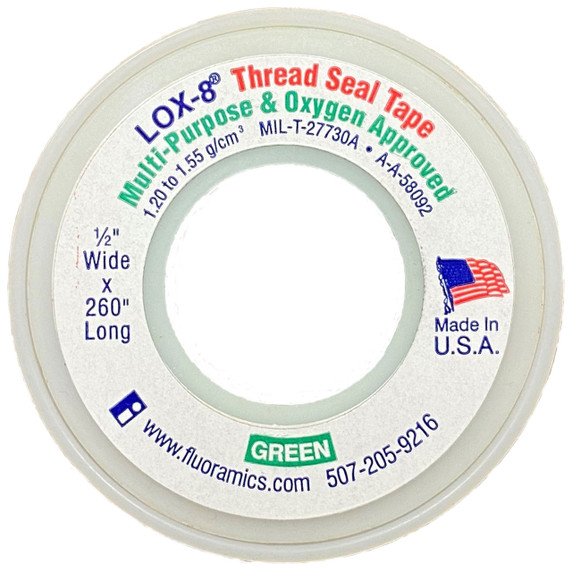 Fluoramics 9010005 LOX-8 Full Density Thread Seal Tape 1/2" x 260", Oxygen Approved, Green