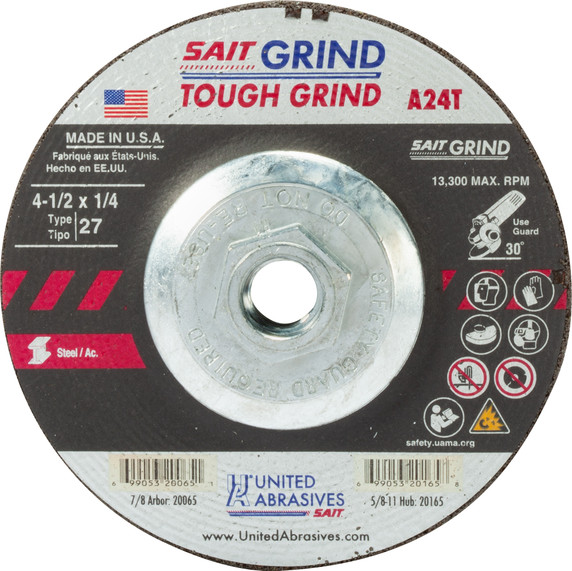 United Abrasives SAIT 20165 4-1/2x1/4x5/8-11 A24T Tough Grind Super Lock Hub Type 27 Grinding Wheel, 10 pack