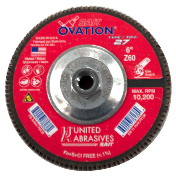 United Abrasives SAIT 78138 6x5/8-11 Ovation Type 27 With Hub High Density Zirconium Flap Discs 60 Grit, 10 pack