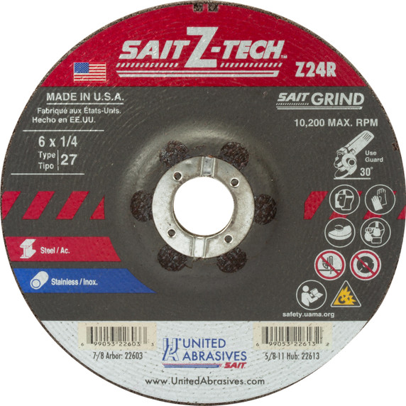 United Abrasives SAIT 22603 6x1/4x7/8 Z-TECH Z24R High Performance No Hub Type 27 Zirconium Grinding Wheel, 25 pack