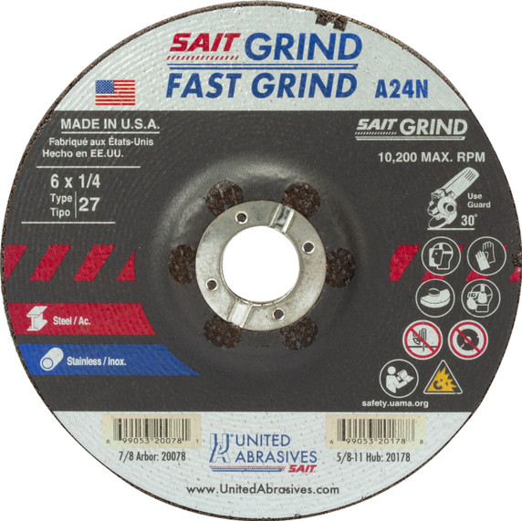 United Abrasives SAIT 20078 6x1/4x7/8 A24N Fast Grinding Metal/Stainless No Hub Type 27 Grinding Wheels, 25 pack