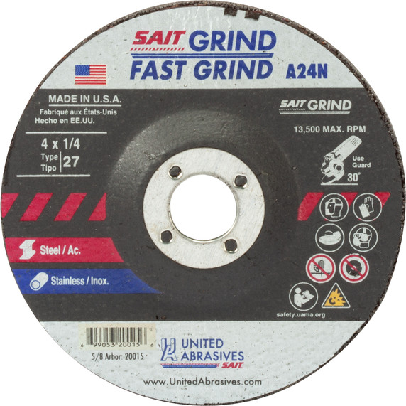 United Abrasives SAIT 20015 4x1/4x5/8 A24N Fast Grinding Metal/Stainless No Hub Type 27 Grinding Wheels, 25 pack