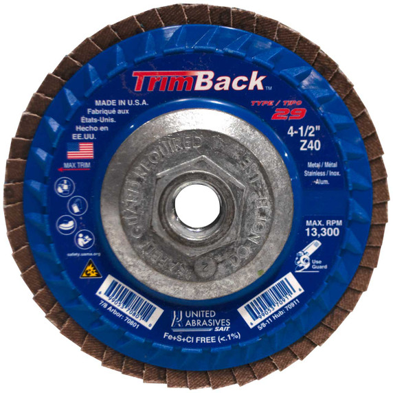 United Abrasives SAIT 70911 4-1/2x5/8-11 Trimback Type 29 Super Lock Hub Zirconium Flap Disc 40 Grit, 10 pack