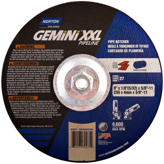 Norton 66253370275 9x1/8x5/8 - 11 In. Gemini XXL Pipeline AO Depressed Center Wheels, Type 27, 30 Grit, 10 pack