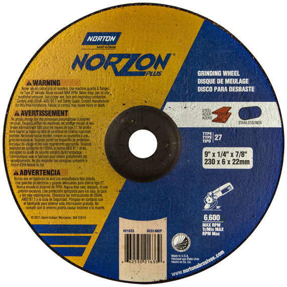 Norton 66253021633 9x1/4x7/8 In. NorZon Plus SGZ CA/ZA Grinding Wheels, Type 27, 20 Grit, 20 pack